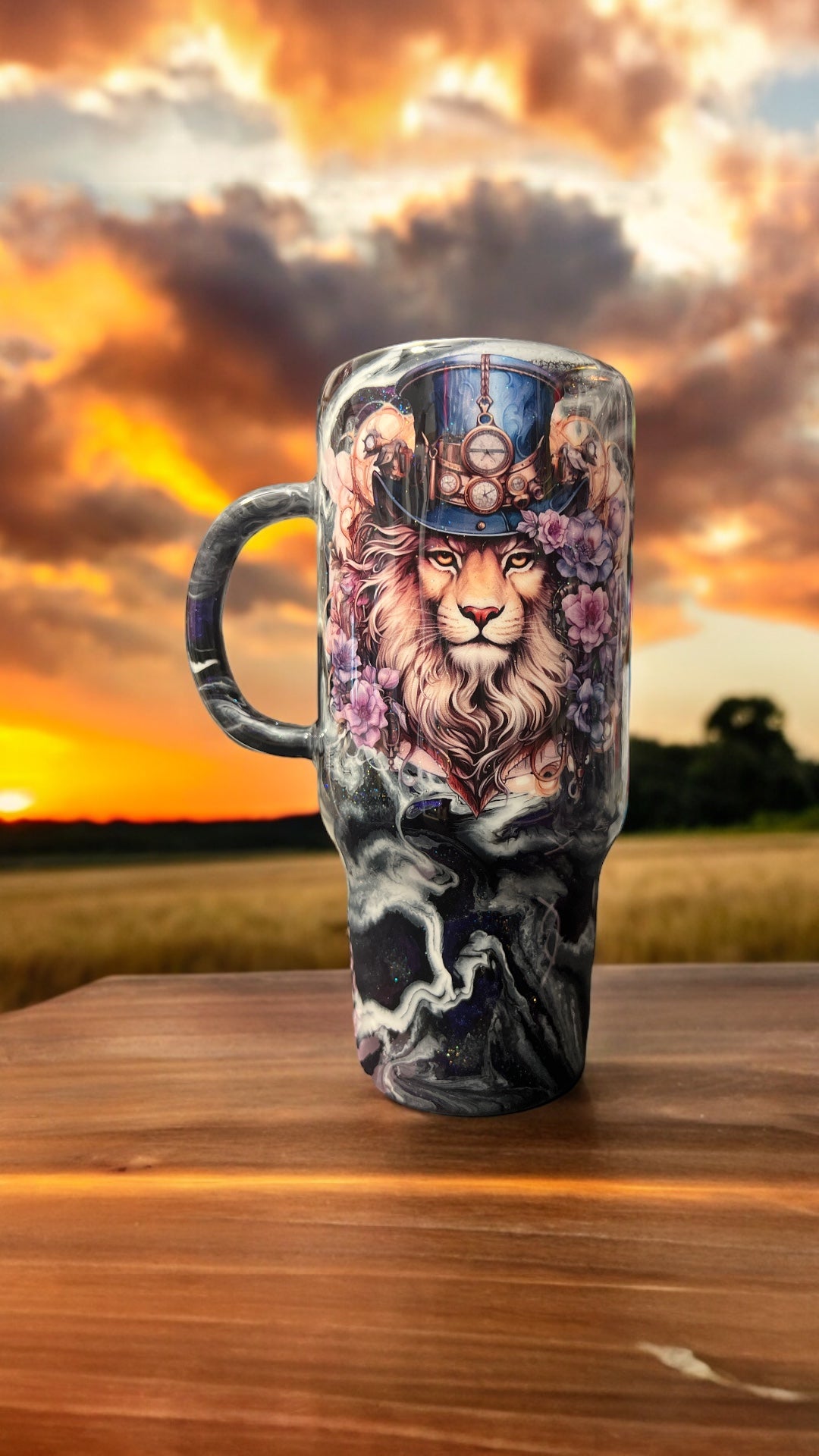 RTS 32oz. Travel mug. Steampunk lion with purple/blue marble