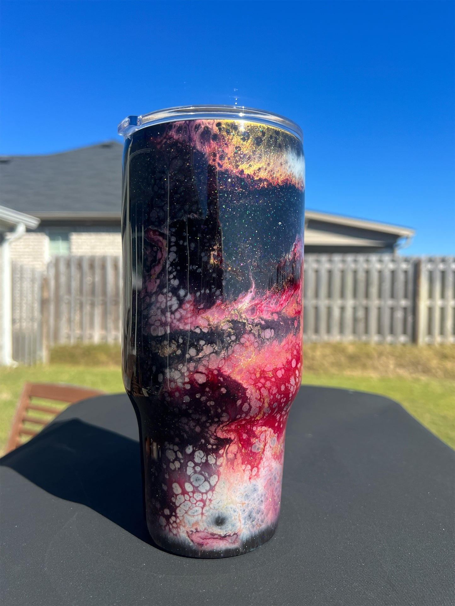 32oz RTS Beautiful Crazy travel mug with red, black, white and gold melted on it