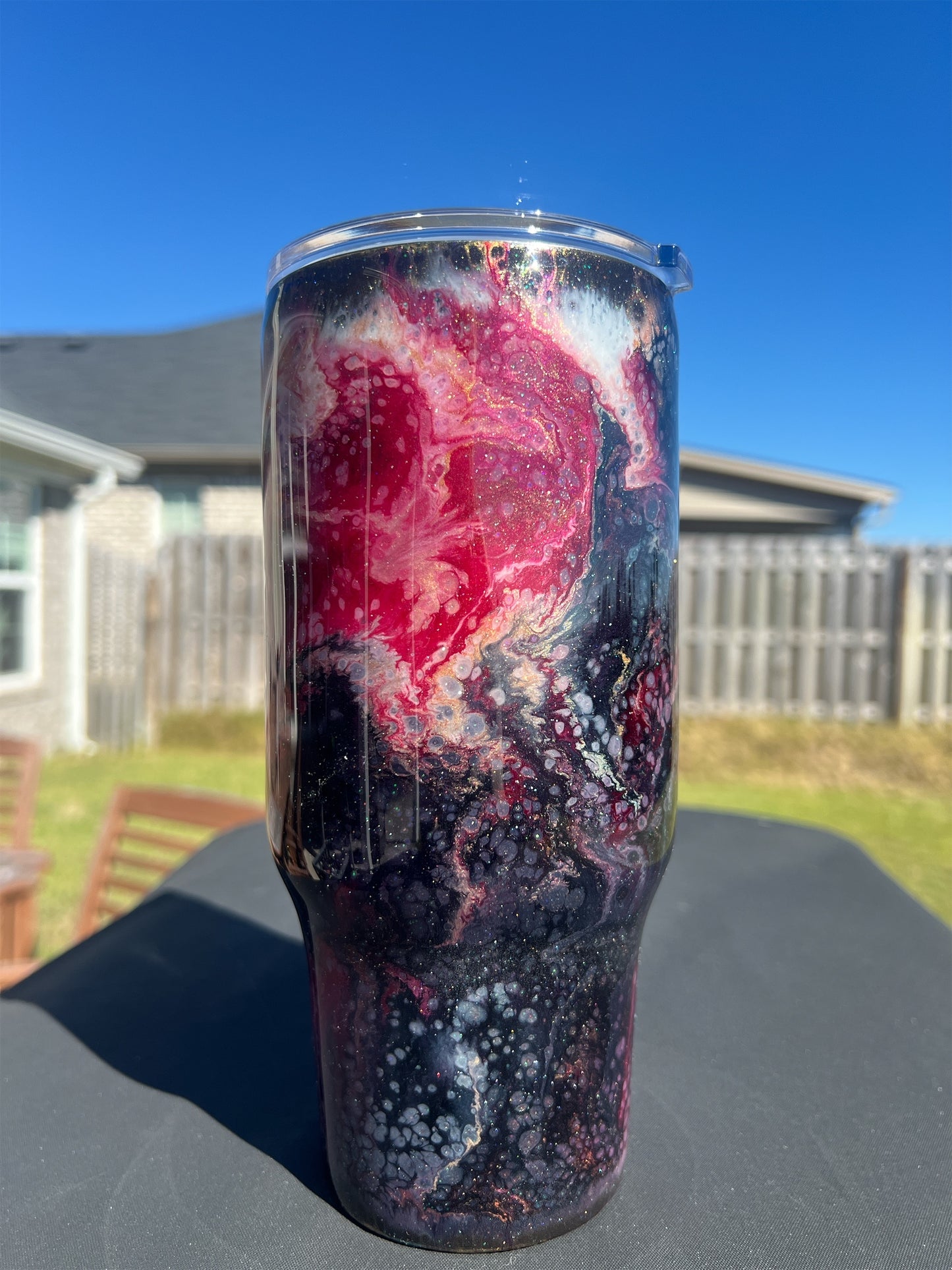 32oz RTS Beautiful Crazy travel mug with red, black, white and gold melted on it